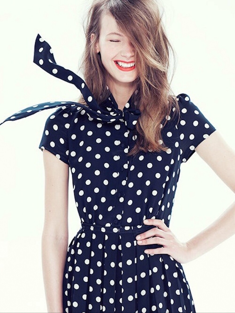 J. Crew - Silk Navy and Cream Polka Dot Tie-Neck Midi Pleated Dress - 10